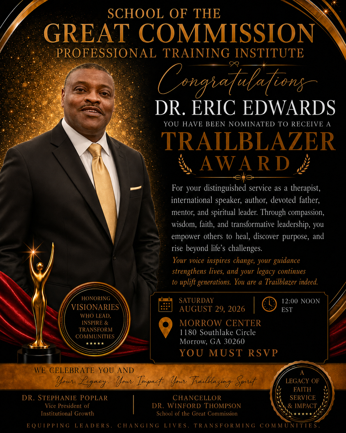 Trailblazer Award tribute for Dr. Eric Edwards from the School of the Great Commission Professional Training Institute, Saturday August 29, 2026 at the Morrow Center in Morrow, Georgia